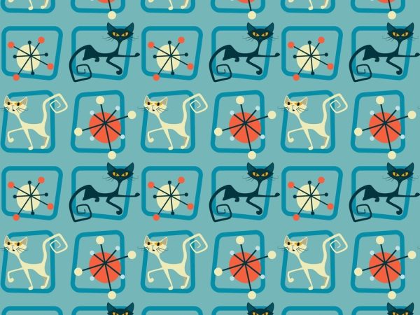 1950s Atomic Cats Pattern #9 Fabric - Blue