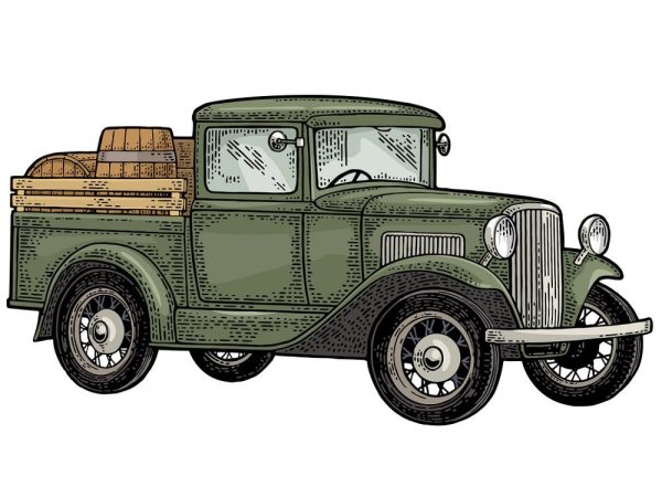 1930s Pickup Truck with Wood Barrel Fabric Panel