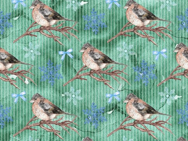 Let It Snow Birds on Branches on Stripes Fabric