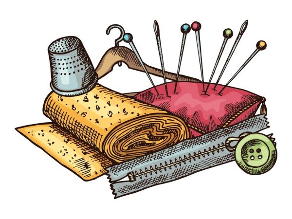 Vintage Sewing Workshop Needles and Thread Fabric Panel