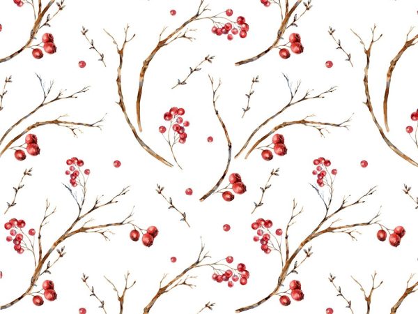 Vintage Tree Branches & Berries Fabric - White