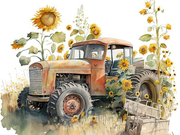 Vintage Tractor & Sunflowers #5 Fabric Panel