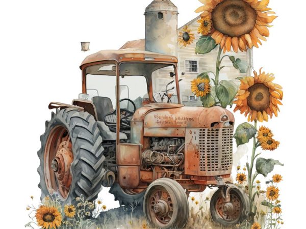 Vintage Tractor & Sunflowers #3 Fabric Panel
