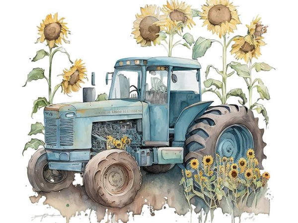 Vintage Tractor & Sunflowers #1 Fabric Panel