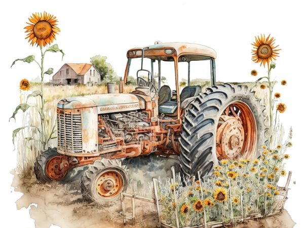 Vintage Tractor & Sunflowers #4 Fabric Panel