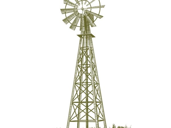 Woodcut Windmill Fabric Panel
